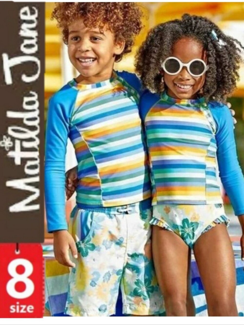 ⭐️ 5/$30 Matilda Jane Rashguard, Size 8, unisex, blue orange stripes
